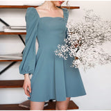 New Ruched Patchwork Puff Sleeve Slim Women's Solid Square Collar A-line Dress