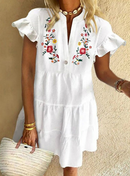 White Ditsy Floral Print Ruffles Casual Dress