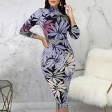 Leaf Print Zipper Neck Long Sleeve Belted Midi Dress