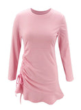 Pink Women Ruched Drawstring Ruffles Trim Dress