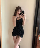 Sweet Lace-up Backless Strapless Drawstring Pleated Halte Dress
