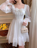 Vintage Sweet Kawaii Women French Elegant White Ruffle Party Dresses