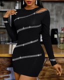 Women Sexy Studded One Shoulder Long Sleeve Bodycon Party Dress
