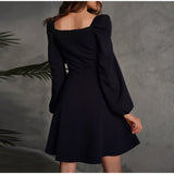 New Ruched Patchwork Puff Sleeve Slim Women's Solid Square Collar A-line Dress