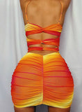 Women Gradient Color Ruched Cutout Back Bodycon Dress