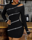 Women Sexy Studded One Shoulder Long Sleeve Bodycon Party Dress