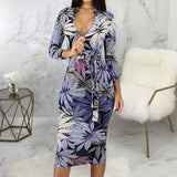 Leaf Print Zipper Neck Long Sleeve Belted Midi Dress