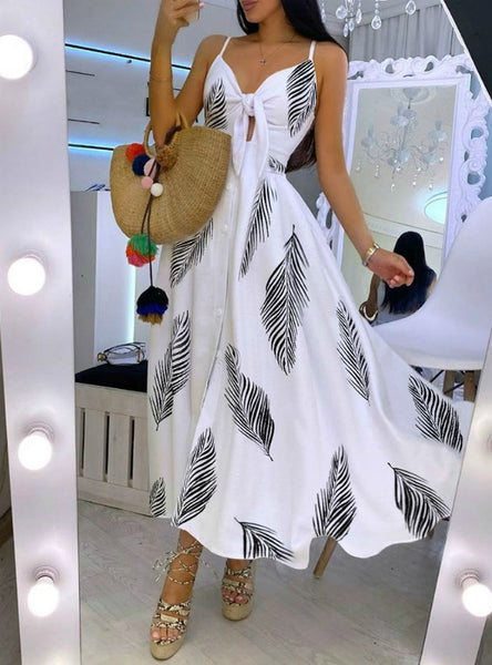 Women Leaf Print Knotted Front Cutout Button Maxi Dress