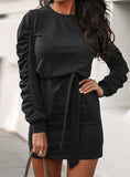 Solid Draped Sashes Bandeau Shirring Casual Dress