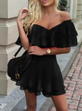 V-Neck Women Off Shoulder Ruffle Fit Flare Dress