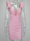 Women V Neck Pleated Bodycon Mini Dress