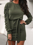 Solid Draped Sashes Bandeau Shirring Casual Dress
