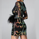 Patchwork Print Skinny Ostrich Feather Sequins Sexy Party Dress
