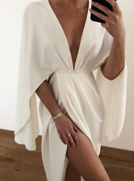 White Plunge Ruched Detail Slit Cape Sleeve Dress