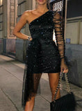 Draped Glitter One Shoulder Sheer Mesh Ruched Dress