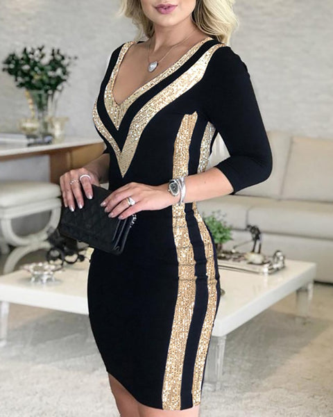 Sequins Colorblock Long Sleeve Dress Women Sexy Bodycon Party Dress