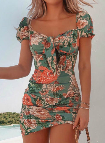 Women Casual Floral Square Neck Tie Front Dress