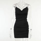 Women Back Cross Sleeveless Draped V-Neck Mini Sundress Party Dress