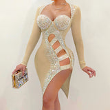 Sexy See Through Mesh Hallow Out Rhinestone Party Dress