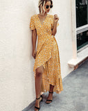 Pink Female Polka Dot Sexy V-neck Ruffle Short-sleeved Beach Vacation Summer Dress