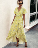 Pink Female Polka Dot Sexy V-neck Ruffle Short-sleeved Beach Vacation Summer Dress