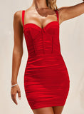 Woman Solid Mesh Bandeau Backless Sexy Party Dress