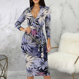 Leaf Print Zipper Neck Long Sleeve Belted Midi Dress