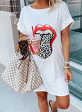 Leopard Lips Printed Short Sleeve Casual Round Neck Mini Dress