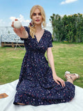 Chiffon Dress Summer Dress Casual V-neck Short-sleeved A-line Beach Long Robe Dress