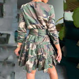 Camouflage Print Long Sleeve Belted Shirring Dress