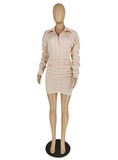 Ruched Women Full Sleeve Turn Down Collar Bodycon Dress