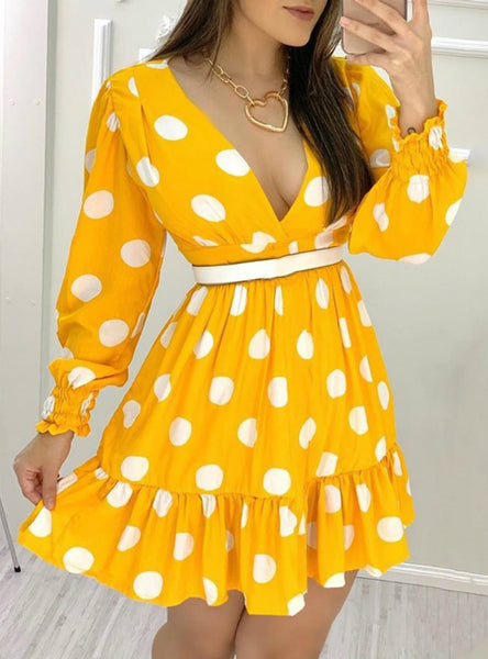 Yellow Plunge Polka Dots Shirring Design Ruched Ruffles Casual Dress