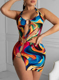 Women Sexy Colorful Print Slit Cut Out Dress
