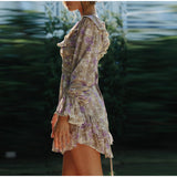 Women Sexy Floral  Chiffon Flared Sleeve Backless Lace Up Mini Dress