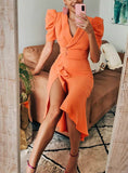 Orange V-Cut Ruffle Hem Slit Wrap Midi Dress
