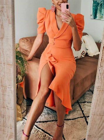 Orange V-Cut Ruffle Hem Slit Wrap Midi Dress