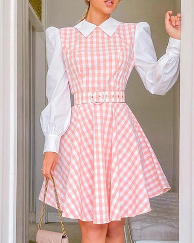 Plaid Print Colorblock Puffed Long Sleeve Casual Dress