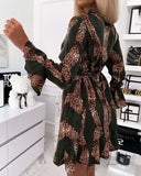Leopard Print Flounce Sleeve Button Front Shirt Dress