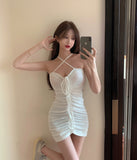 Sweet Lace-up Backless Strapless Drawstring Pleated Halte Dress