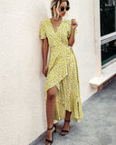 Pink Female Polka Dot Sexy V-neck Ruffle Short-sleeved Beach Vacation Summer Dress