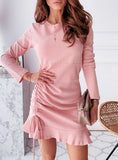 Pink Women Ruched Drawstring Ruffles Trim Dress