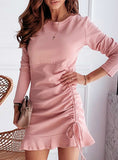 Pink Women Ruched Drawstring Ruffles Trim Dress
