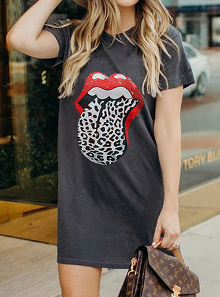 Leopard Lips Printed Short Sleeve Casual Round Neck Mini Dress