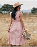 Hollow Out Ruffle Pink Lace Slim Elegant Dresses