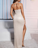 Sleeveless Halter Sequins High Slit Party Dress