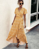 Pink Female Polka Dot Sexy V-neck Ruffle Short-sleeved Beach Vacation Summer Dress