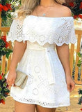 White Women Off Shoulder Broderie Lace Mini Dress