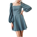 New Ruched Patchwork Puff Sleeve Slim Women's Solid Square Collar A-line Dress