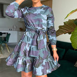 Camouflage Print Long Sleeve Belted Shirring Dress