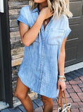 Blue Short Sleeve Buttoned Denim Shirt Dress